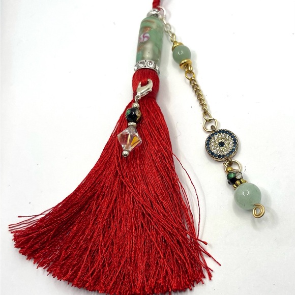 Handmade Red Tassel Charm with Aventurine Beads & Evil Eye – bag charm- New - Picture 3 of 6